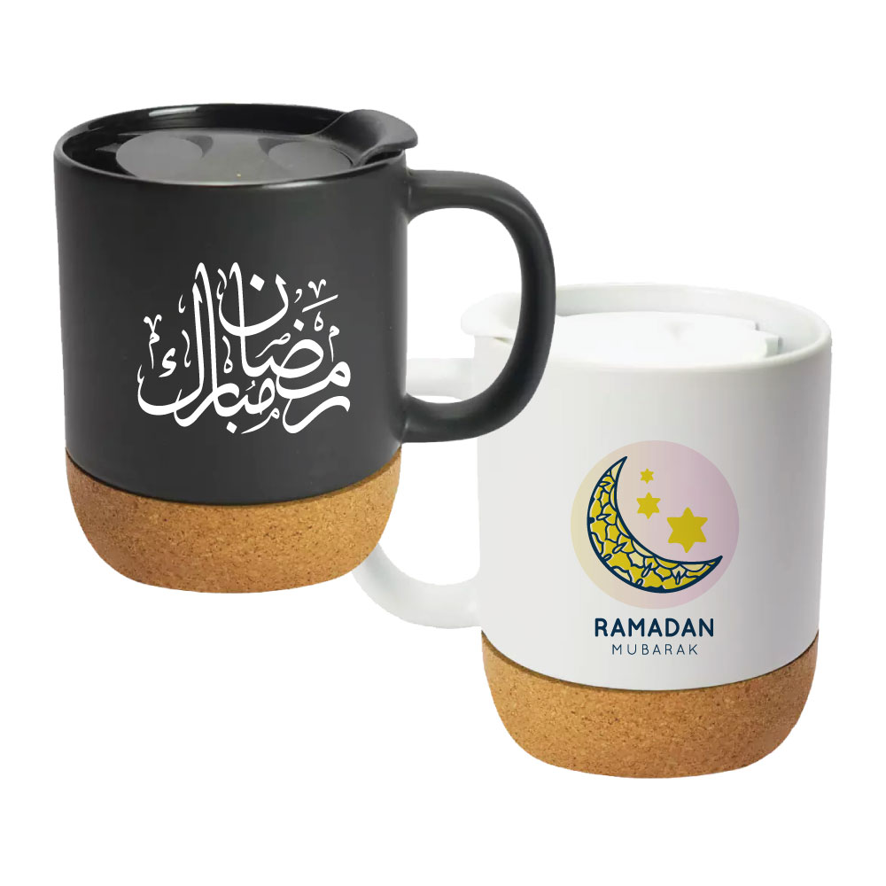 Ceramic Mugs with Lid and Cork Base 385 ml - Ramadan Gifts