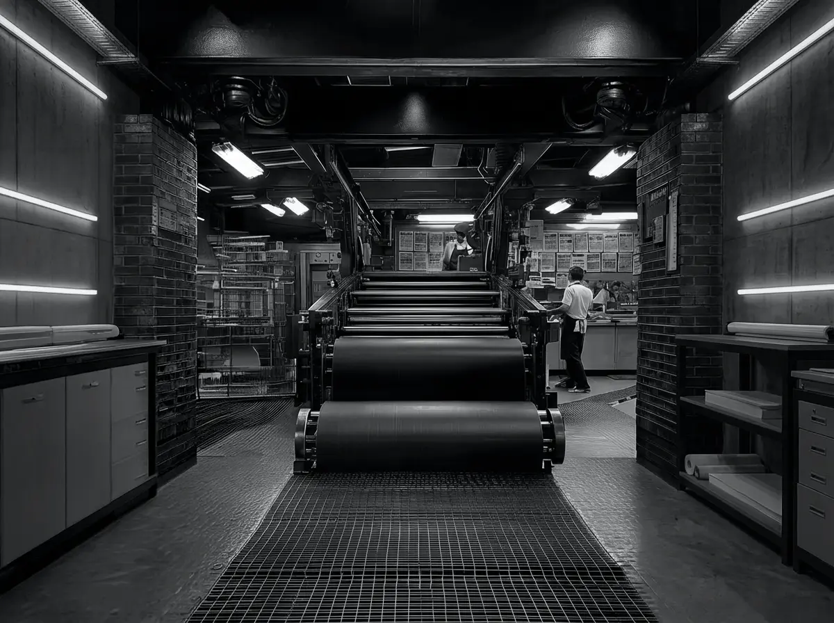 Illustrative image: a printing press floor