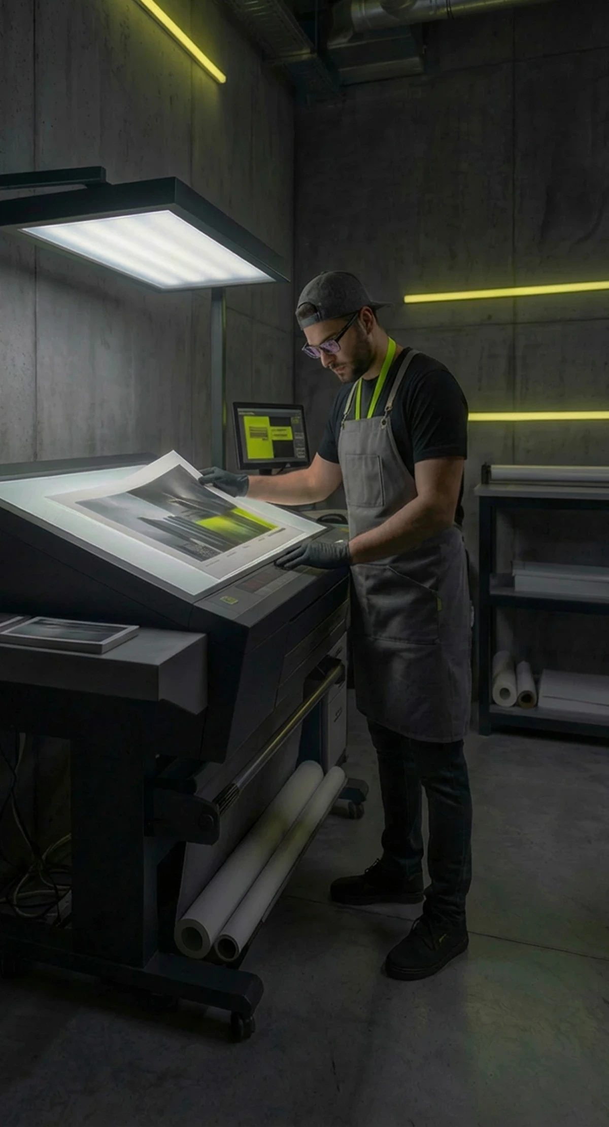 Illustrative image: a print specialist checking a proof under a light table