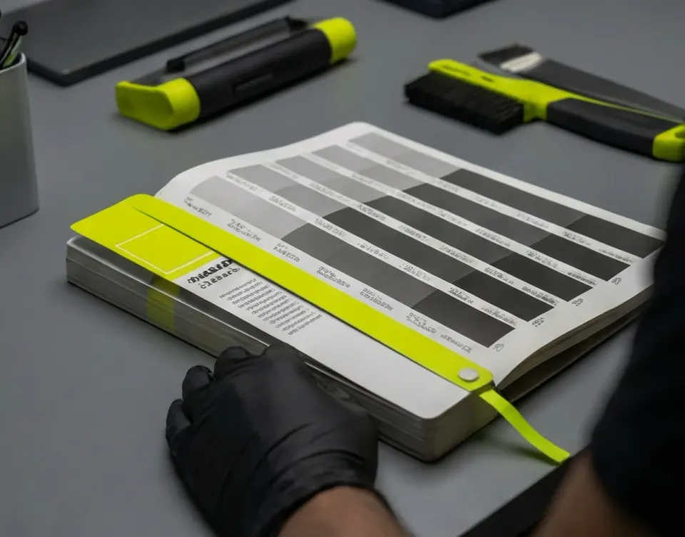 Illustrative photo: a gloved hand on a paper swatch book with a lime tab