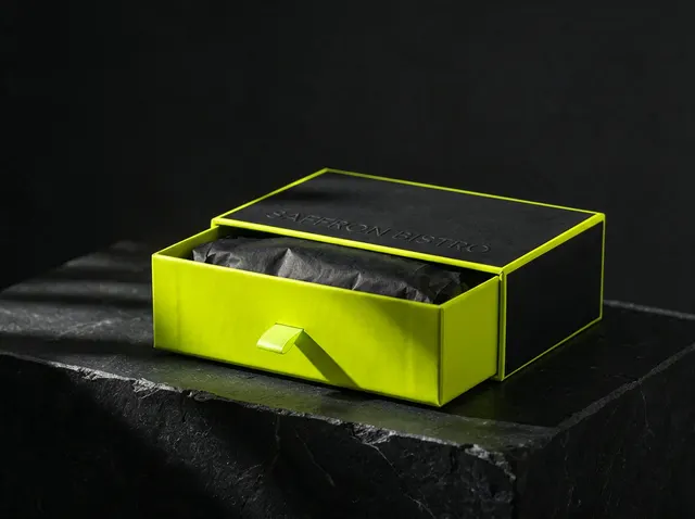 Illustrative mockup: a lime tray pulled out of a black sleeve