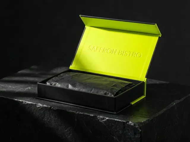 Illustrative mockup: a black magnetic box open, lime inside the flap