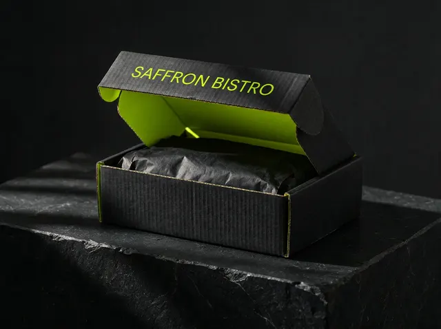 Illustrative mockup: a black mailer box open, lime inside