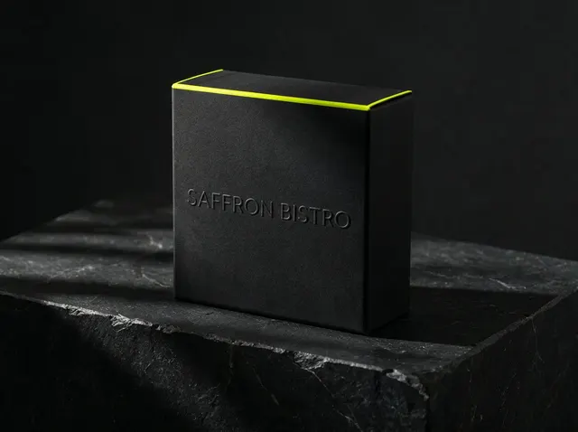Illustrative mockup: a black folding carton with a lime edge
