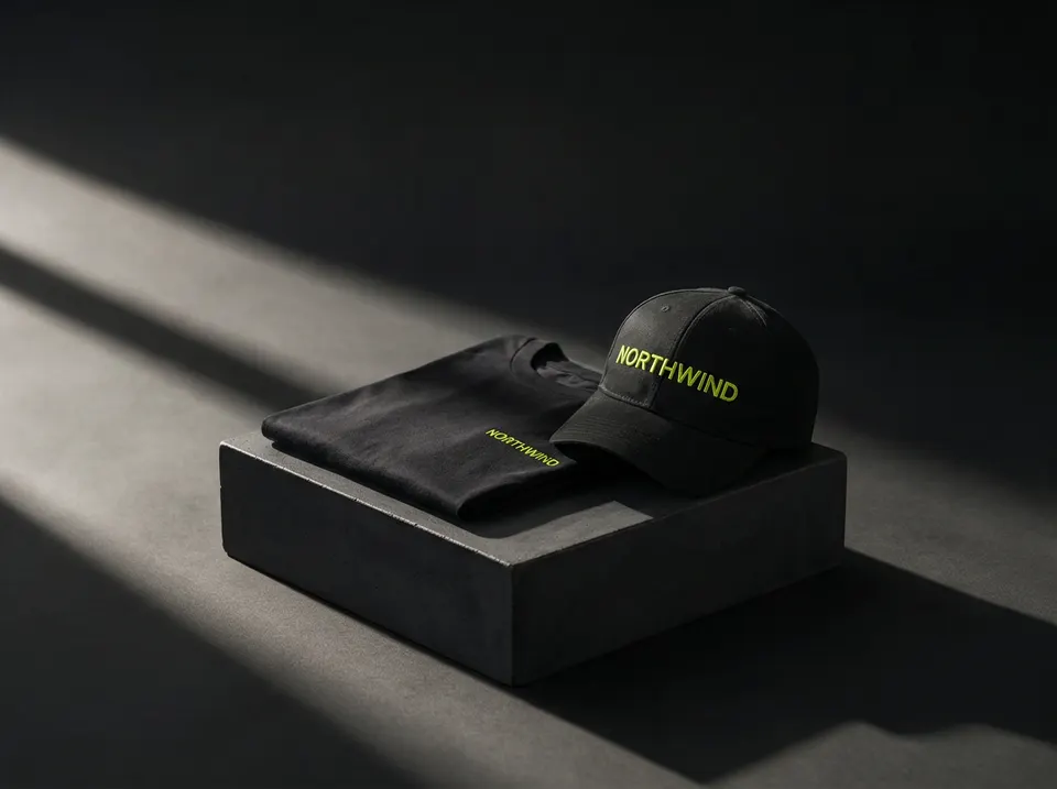 Illustrative mockup: a black tee and cap embroidered in lime thread