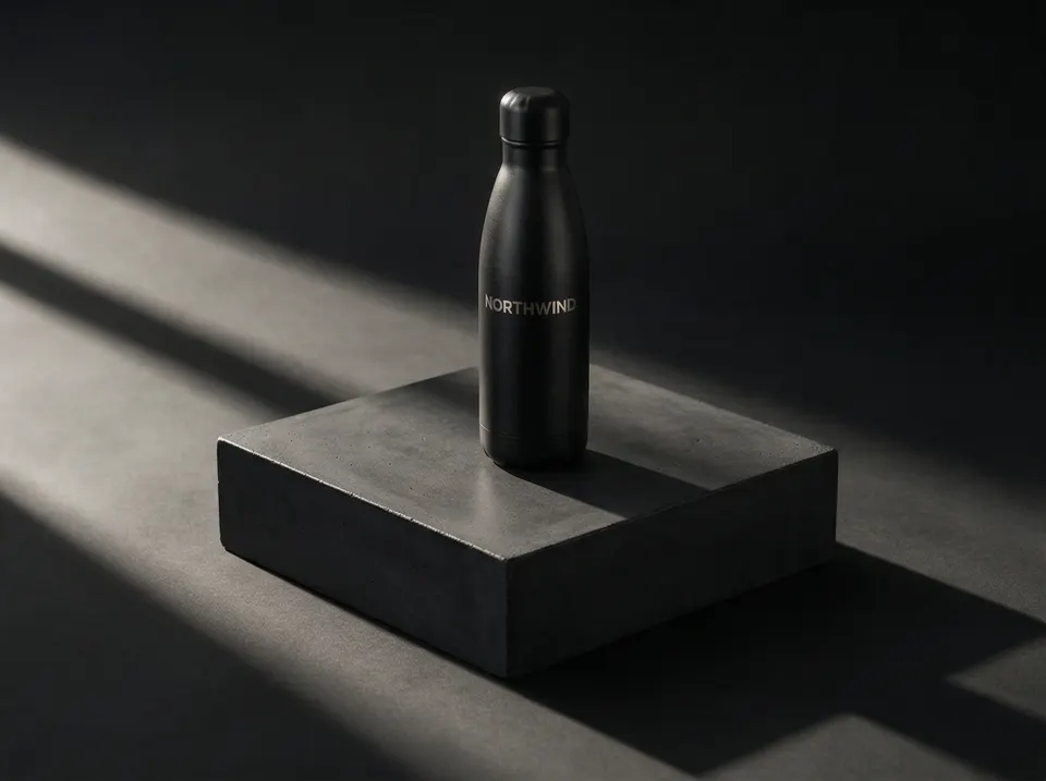 Illustrative mockup: a black steel bottle with a laser-engraved name