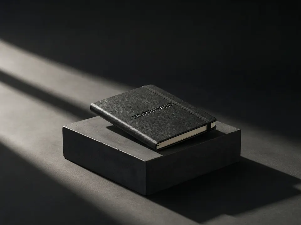 Illustrative mockup: a black notebook with a debossed name
