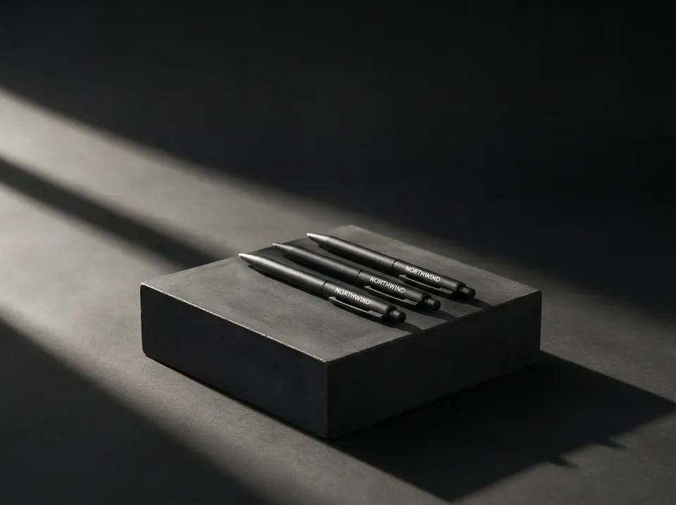 Illustrative mockup: black pens pad printed in white