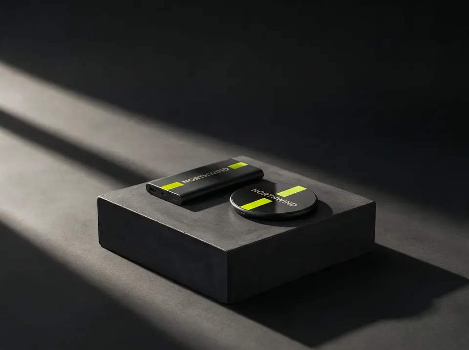 Illustrative mockup: a power bank and charging pad UV printed in colour