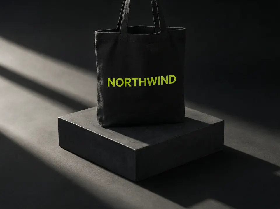 Illustrative mockup: a black tote bag screen printed in lime