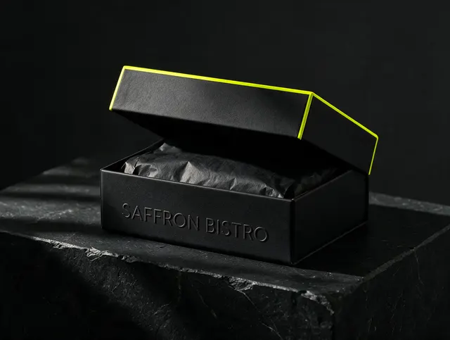 Illustrative mockup: a black rigid box with a lime painted edge