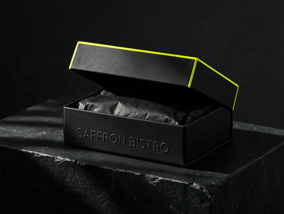 Illustrative mockup: a black rigid box with a lime painted edge