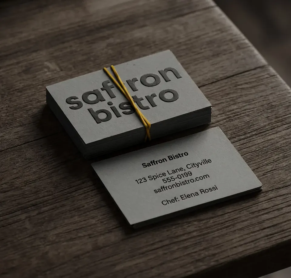 Illustrative mockup: a stack of thick grey business cards with a debossed logo