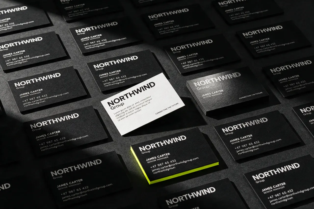 Illustrative mockup: rows of black business cards with one white card out of line