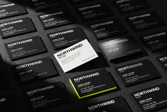Illustrative mockup: rows of black business cards with one white card out of line