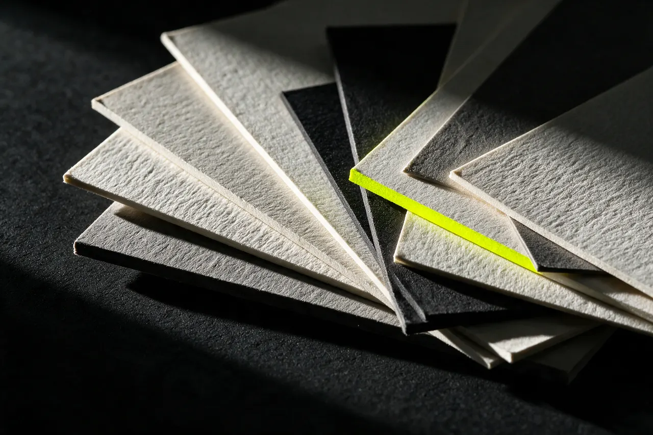 Illustrative photo: a fan of heavy textured paper samples, one with a lime edge