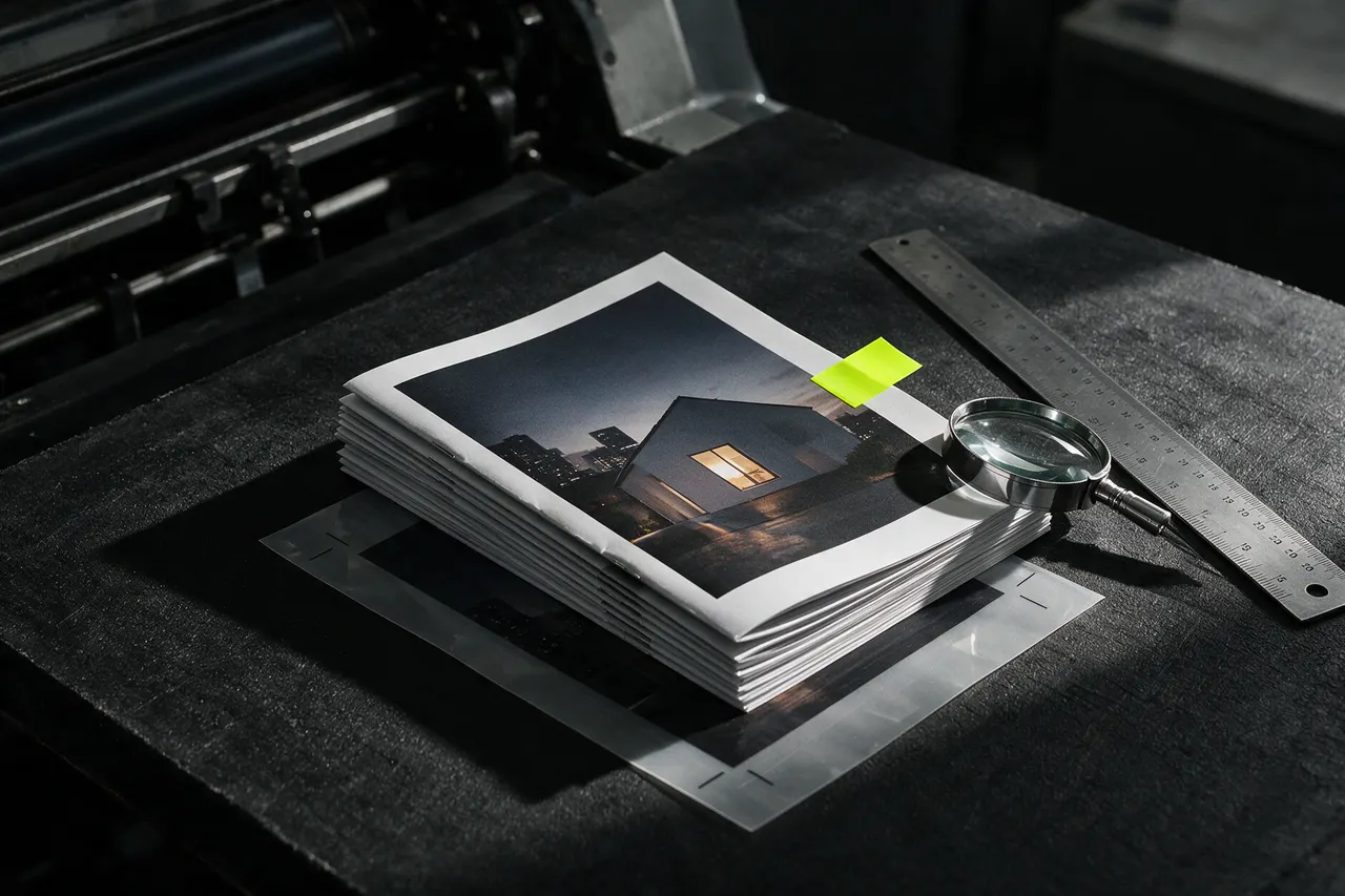 Illustrative photo: printed magazines checked with a loupe and ruler beside a press