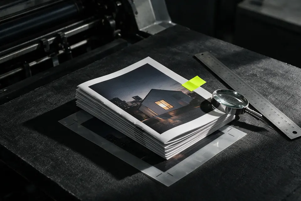 Illustrative photo: printed magazines checked with a loupe and ruler beside a press