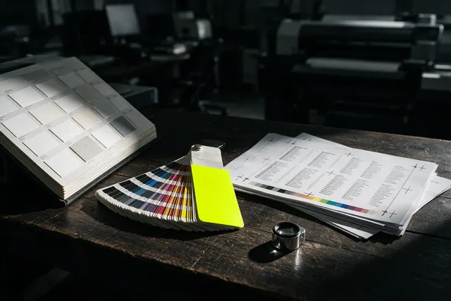 Illustrative photo: a colour swatch fan, proofs and a paper book on a studio desk