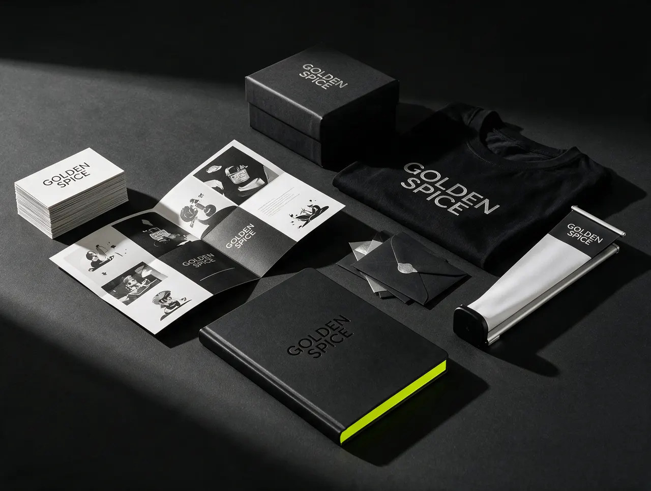 Illustrative mockup: business cards, a brochure, a box, a tee, a roll-up and a book for a fictional brand, laid out on a dark desk