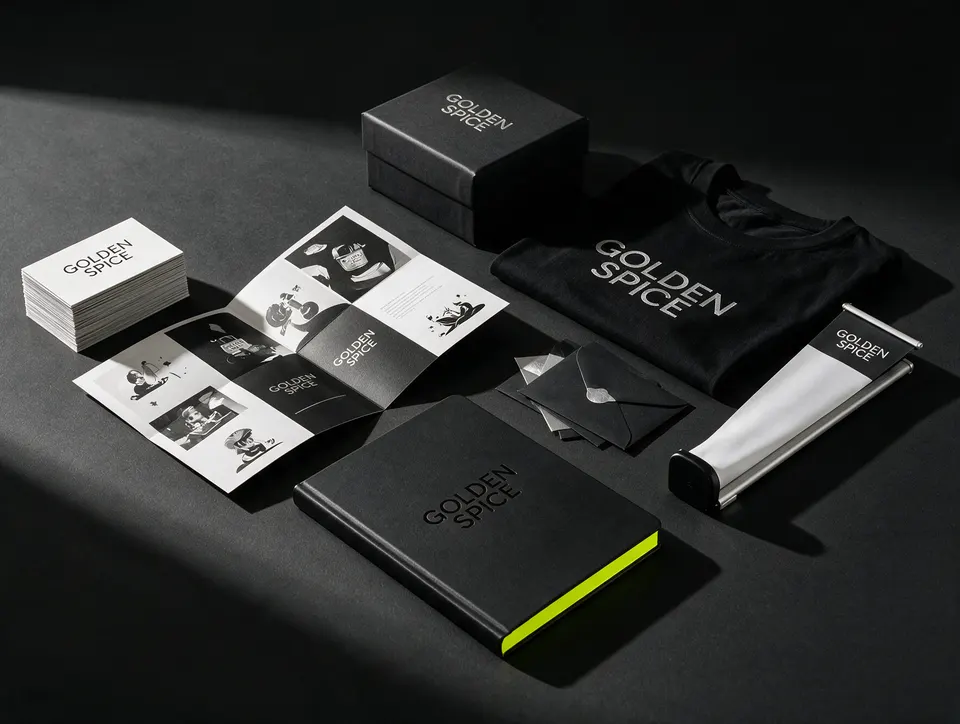 Illustrative mockup: business cards, a brochure, a gift box, a T-shirt, a roll-up and a notebook for one fictional brand