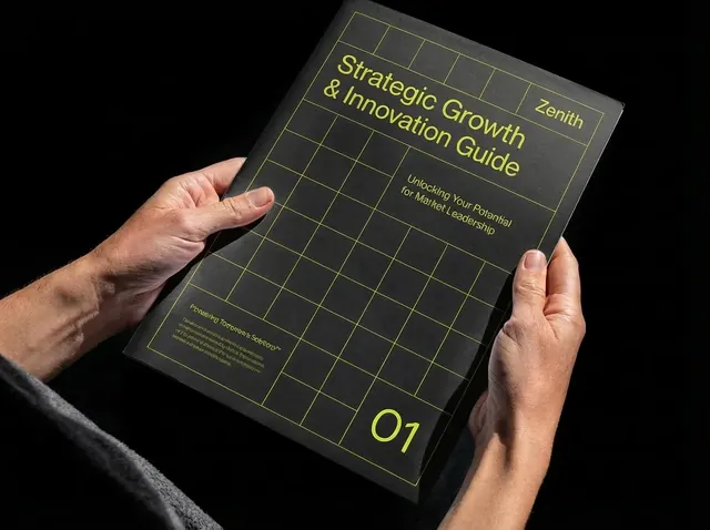 Illustrative mockup: a printed guide with a lime grid cover
