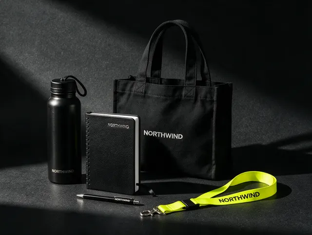 Illustrative mockup: a branded welcome kit with a lime lanyard