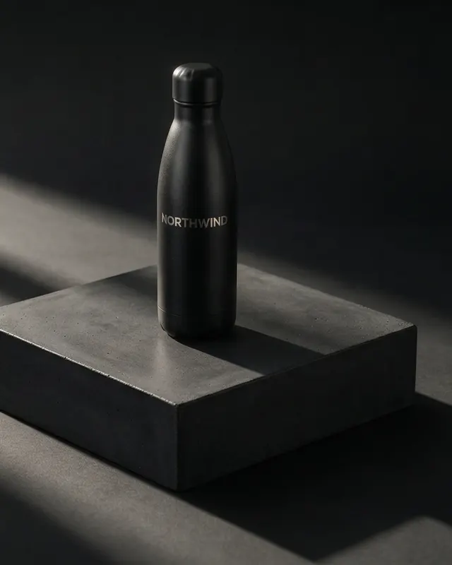 Illustrative mockup: a black steel bottle with a laser-engraved name