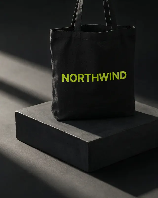 Illustrative mockup: a black tote bag screen printed in lime