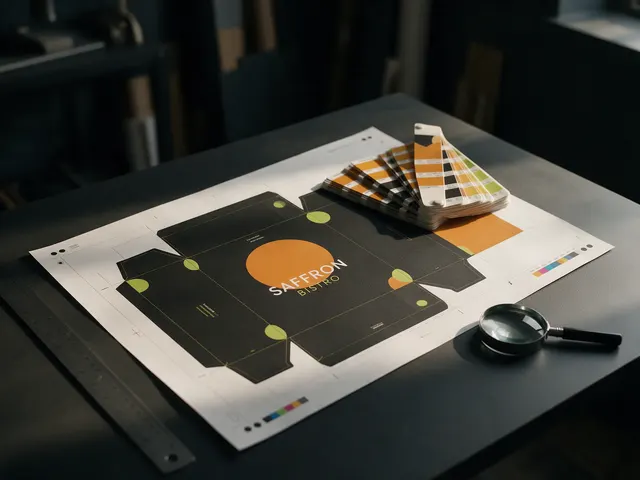 Illustrative mockup: a printed packaging proof with crop marks and colour swatches