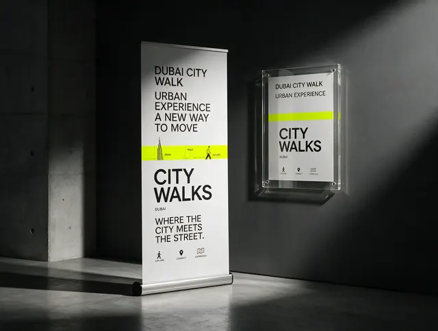 Illustrative mockup: a roll-up banner and an acrylic wall sign